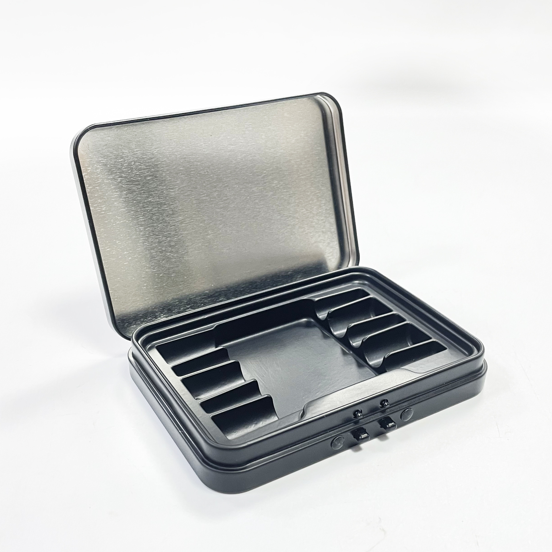 child resistant metal tin box with push button lock open