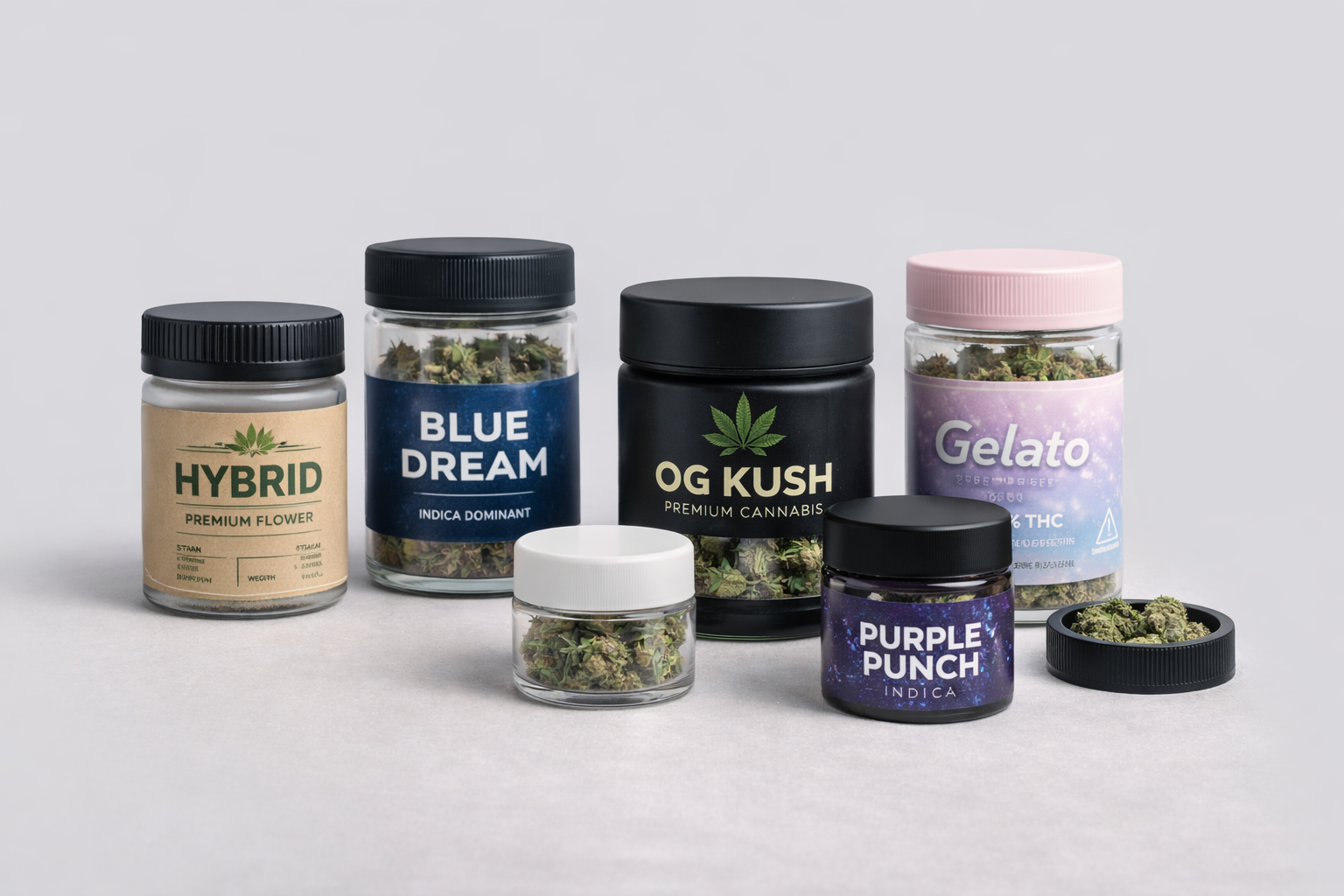 Custom cannabis jars in glass and plastic for branded packaging