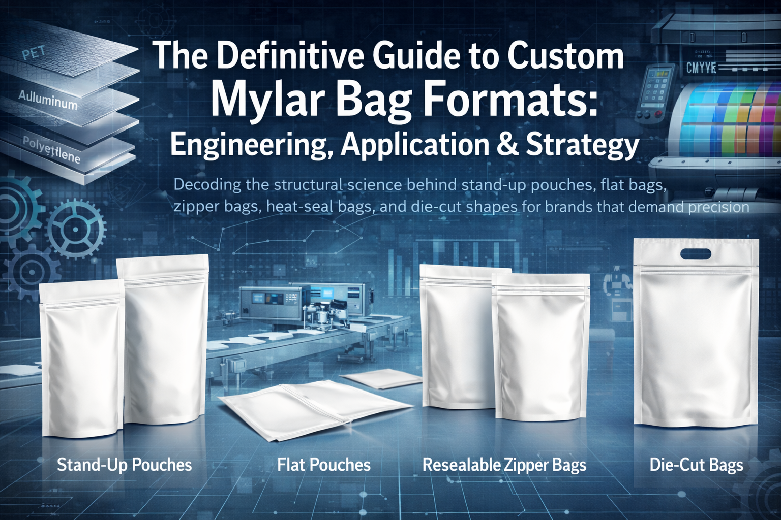 Infographic illustrating five custom Mylar bag formats including stand-up pouches, flat bags, resealable zipper bags, heat-seal bags, and die-cut bags, highlighting structural design and packaging engineering concepts.