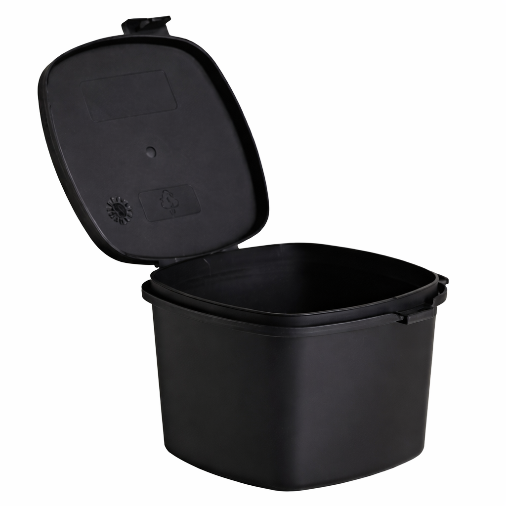 Black hinged lid storage container designed for secure packaging