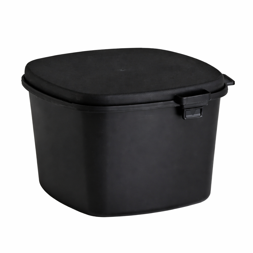 Black hinged lid storage container with secure closure