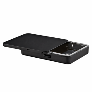 Black sliding lid storage case with secure locking design