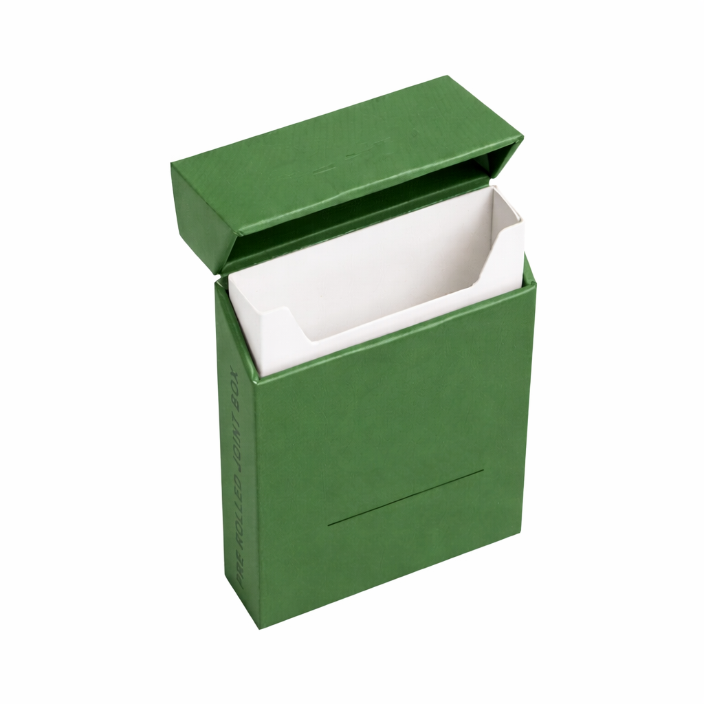 Matte flip-top paper box with white inner tray for cigarette or pre-roll packaging