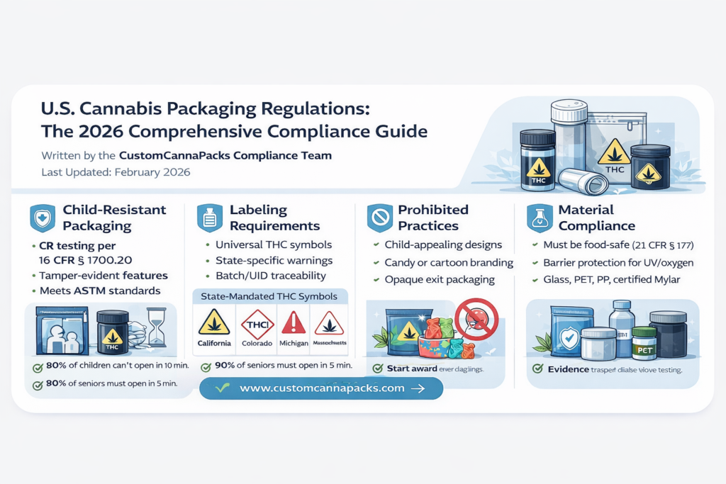 Overview of U.S. cannabis packaging compliance requirements in 2026, including child-resistant standards, labeling rules, prohibited practices, and approved packaging materials
