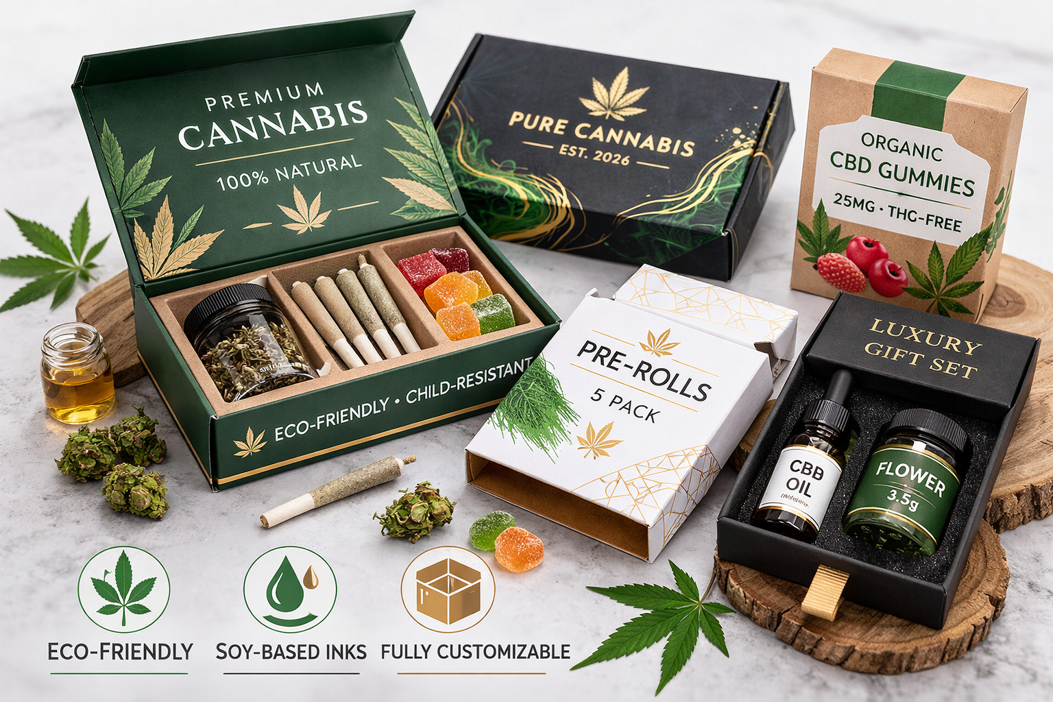 custom printed foldable cannabis boxes with vibrant graphics and soy-based inks - PPD&G 2026