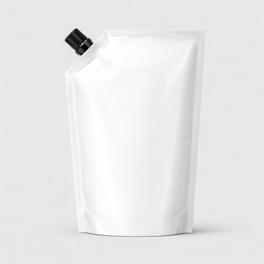 Blank white spout pouch packaging for custom cannabis and liquid product branding