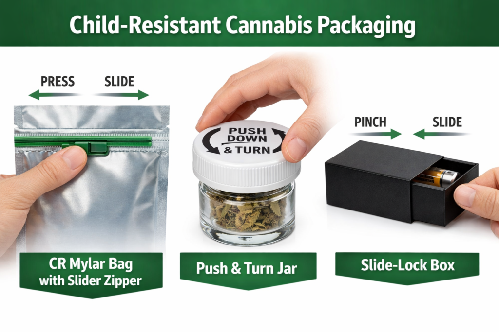 Child-resistant cannabis packaging mechanisms including mylar slider zipper bag, push-down-turn jar, and slide-lock box