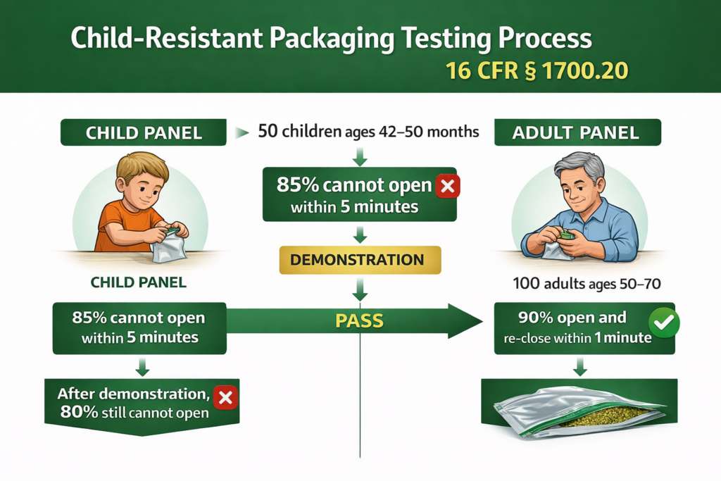 Child-resistant packaging testing process under 16 CFR 1700 including child panel and adult panel requirements